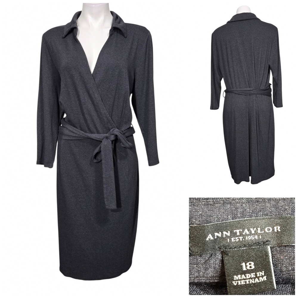 Ann Taylor Wrap Dress Long Sleeve Belted Midi Size 18 Professional Gray Knit
